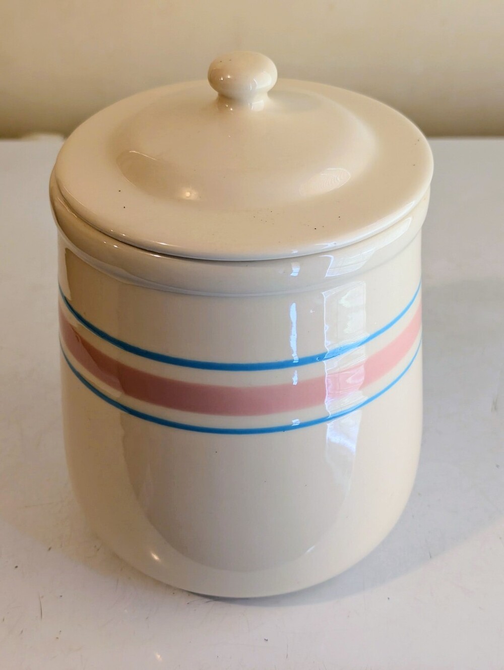 Vintage Mccoy USA PCream Ceramic Canister with Pink and Blue Stripes - Home Art